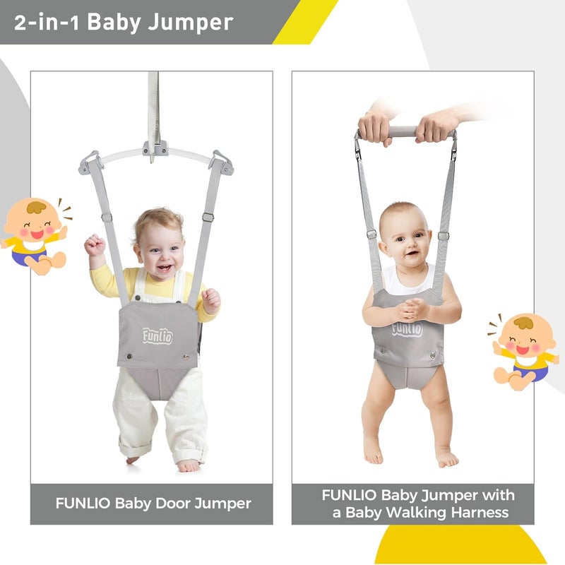FUNLIO 2 in 1 Baby Door Jumper with Door Clamp, Baby Walking Harness for 6-24 Months, Infant Jumper Doorway with Strong Spring & Adjustable Strap, Easy to Assemble & Store - Grey - Image 3